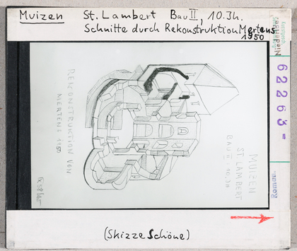 Vorschaubild Muizen: St. Lambertus, Schnitt durch Rekonstruktion nach Mertens, Skizze Schöne 1958 